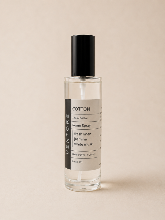 VENTORÉ Cotton room spray 120ml, fresh linen and white musk home fragrance in glass bottle