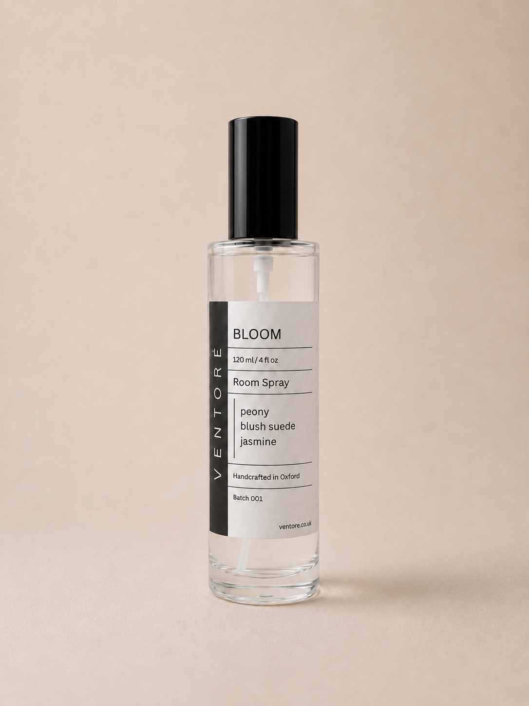 VENTORÉ Bloom room spray 120ml, peony and blush suede home fragrance in glass bottle