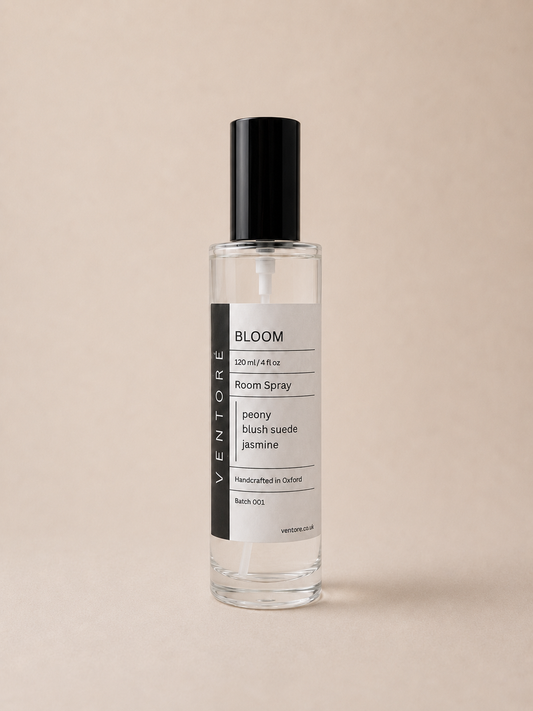 VENTORÉ Bloom room spray 120ml, peony and blush suede home fragrance in glass bottle