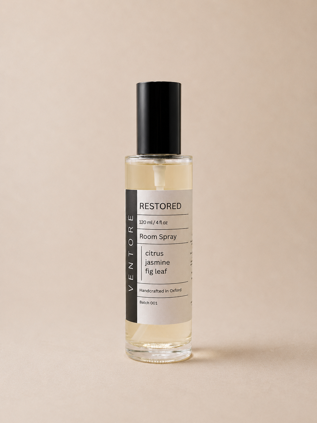 VENTORÉ Restored room spray 120ml, citrus and fig leaf home fragrance in glass bottle