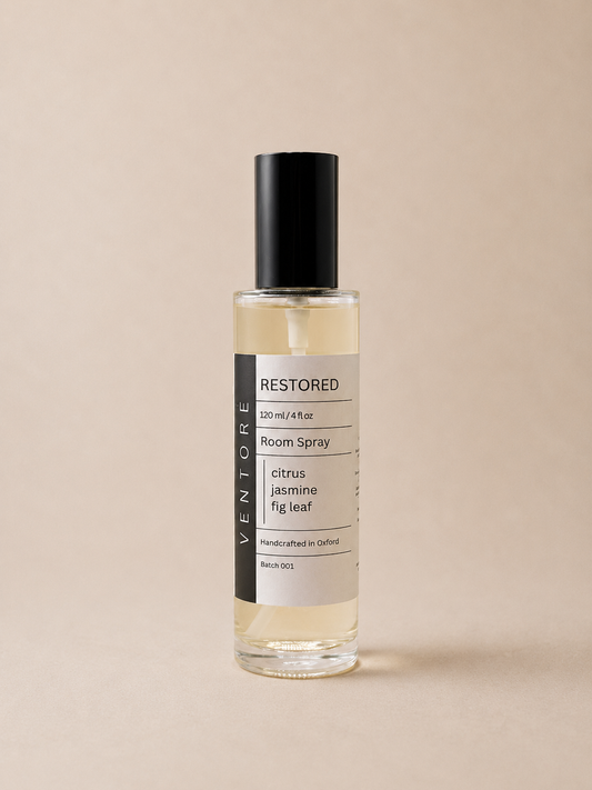 VENTORÉ Restored room spray 120ml, citrus and fig leaf home fragrance in glass bottle