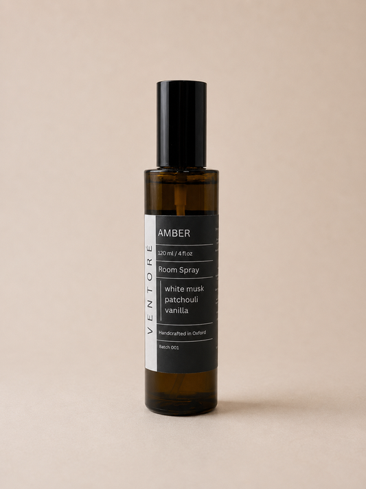 VENTORÉ Amber room spray 120ml, warm amber and vanilla home fragrance in glass bottle