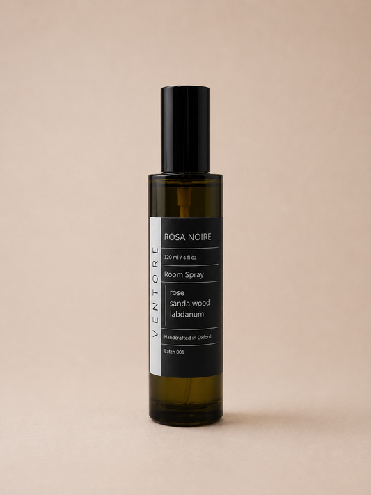 VENTORÉ Rosa Noire room spray 120ml, dark rose and sandalwood home fragrance in glass bottle