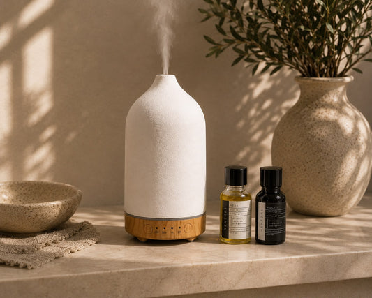 VENTORÉ Ceramic Water Diffuser 100ml, ultrasonic room diffuser in white ceramic with wood base
