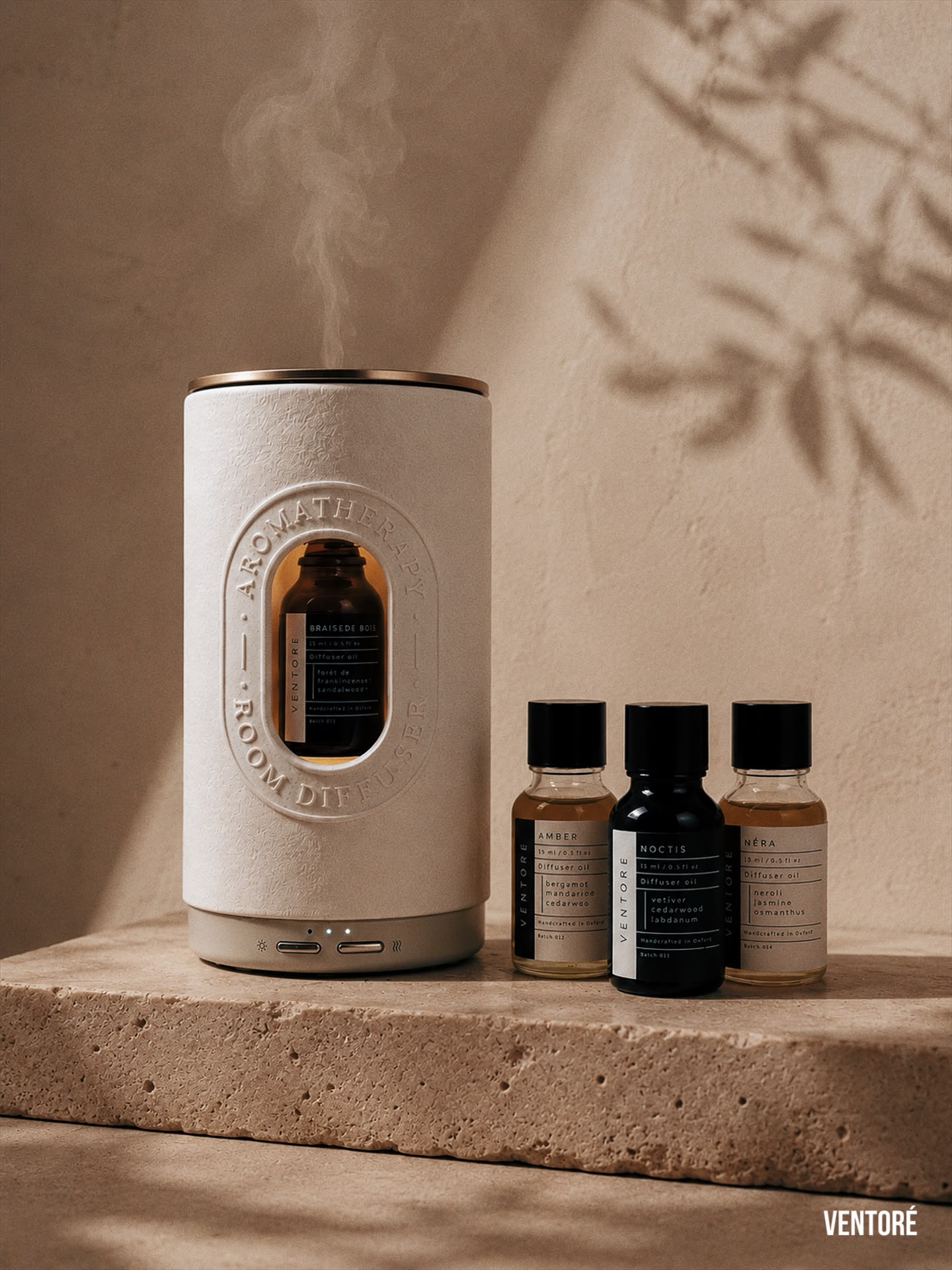 VENTORÉ Aromatherapy Room Diffuser with pure essential oil bottle
