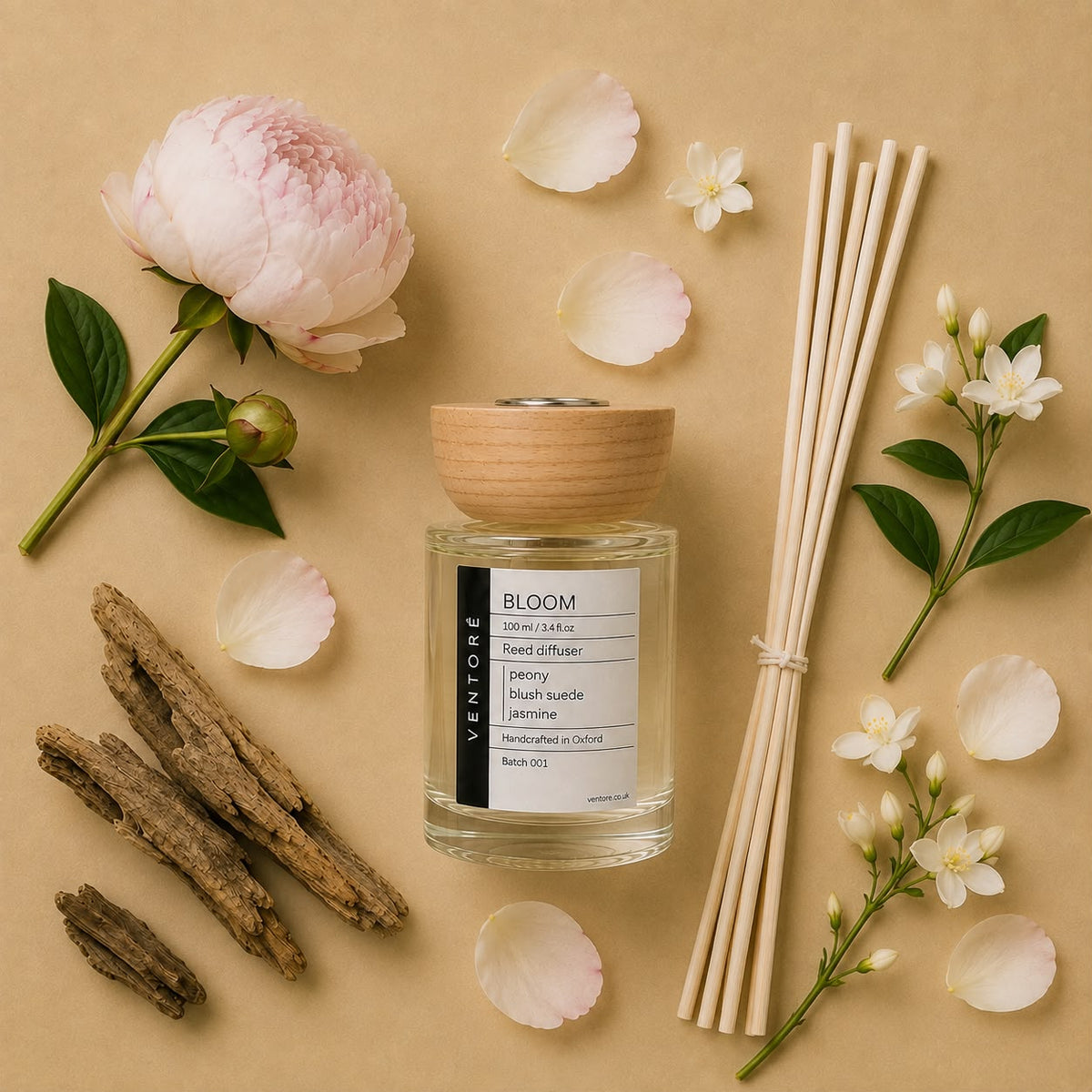 VENTORÉ Bloom reed diffuser 100ml, peony and blush suede – handmade in Oxford, photo 2