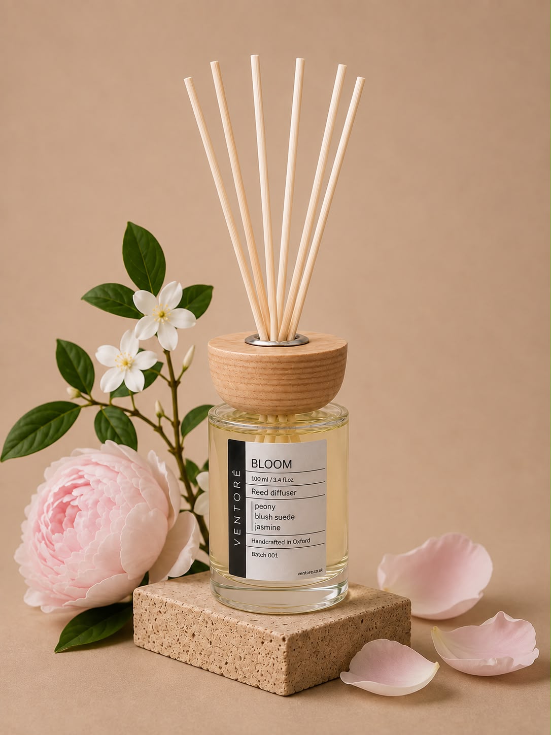 VENTORÉ Bloom reed diffuser 100ml, peony and blush suede – handmade in Oxford, photo 3